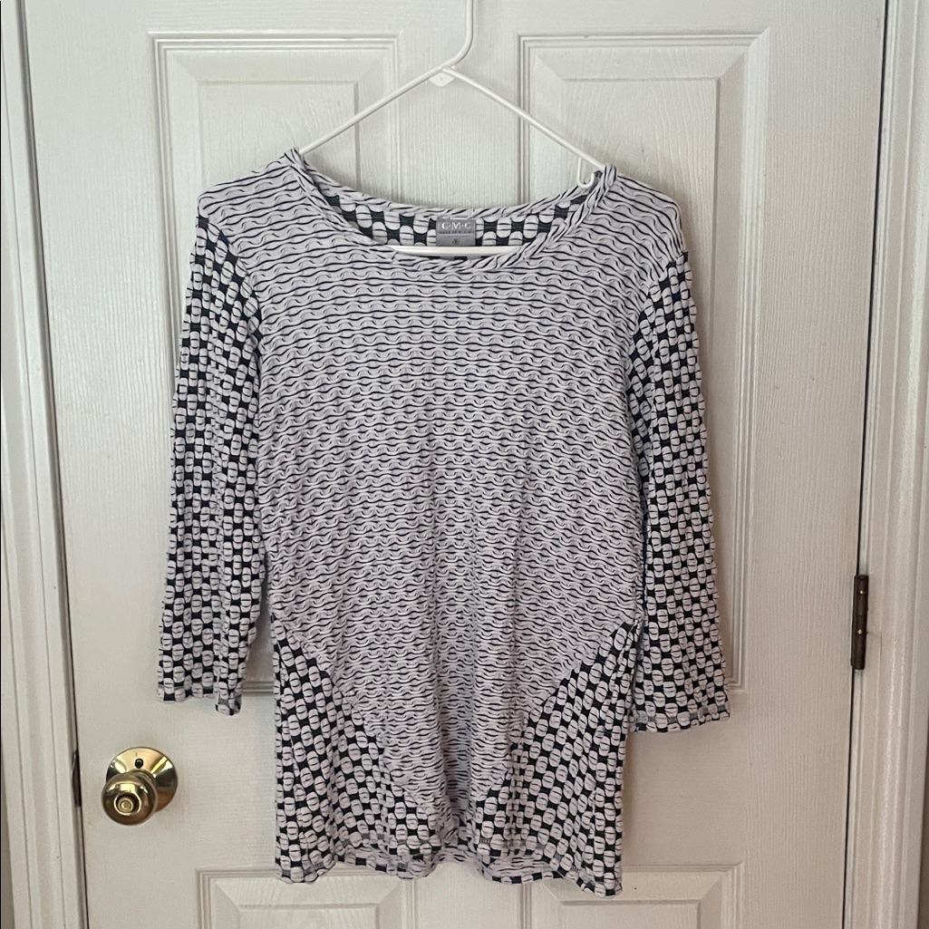 Cmc Boho Chic Black & White Patterned Women's Long Sleeve Top Unique! Gorgeous!